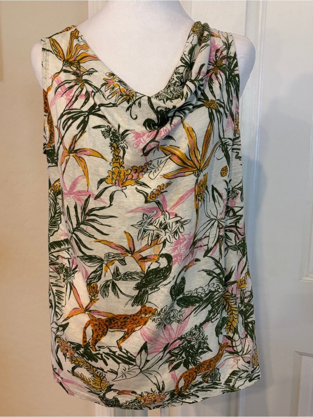 Rachel Zoe Linen Tropical Print Cowl Neck Sleeveless Top in Cream, Green, Pink